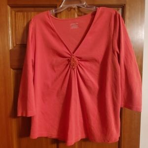 Like New 3/4 length sleeve orange v-neck top with beading / embroidered design